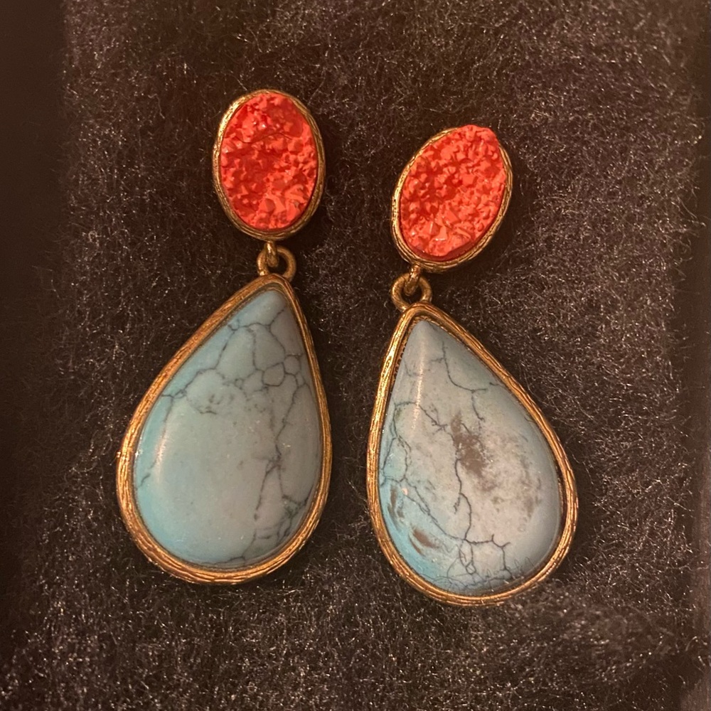 Turquoise drop earrings with coral accent